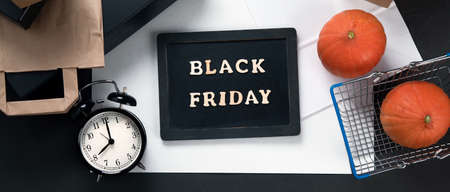 Promotion composition Black friday sale. Special discount christmas offer. Black friday sale mockup fall thanksgiving promotion advertising. Top view, Panorama, bannerの写真素材