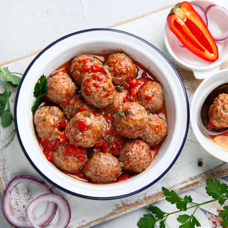 Homemade meatballs with tomato sauce. Homemade food concept. Top viewの写真素材