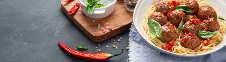 Meatballs with tomato sauce and spaghetti. Authentic Italian recipe.の写真素材
