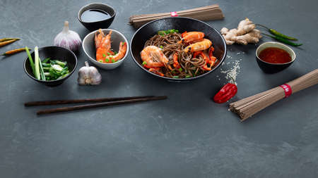 Soba noodles with shrimps and vegetables. Asian style healthy food.の写真素材