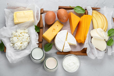Different fresh dairy products on gray background. Top viewの写真素材