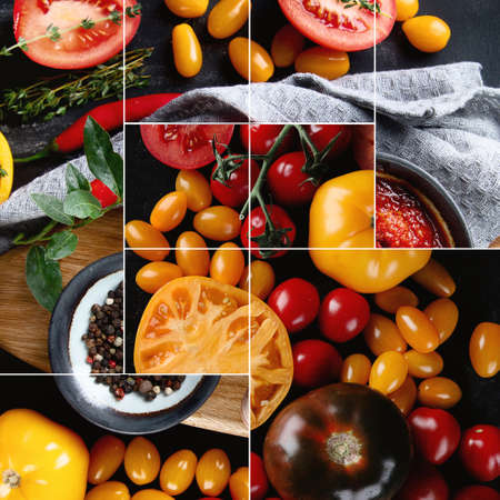 Collage of colorful tomatoes on black background. Healthy food conceptの写真素材