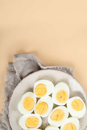 Chicken brown fresh raw eggs. Ingredients for cooking. Healthy eating concept. Top view, copy spaceの写真素材