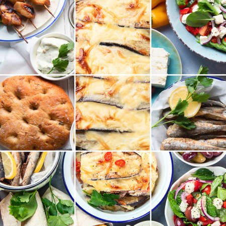 Collage of Greek food. Moussaka, meze, souvlaki, fish, pita, greek salad, tzatziki, olives and vegetables. Traditional different types of greek dishes.の写真素材