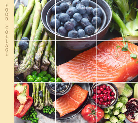 Collage of healthy food selection on gray background. Detox and clean diet concept. Healthy food selection on gray background. Detox and clean diet concept. Foods high in vitamins, minerals and antioxidants. Anti age foods. Top view with copy spaceの写真素材