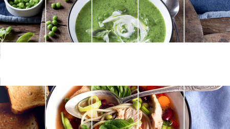 Collage made of different soups. Homemade gourmet food.の写真素材