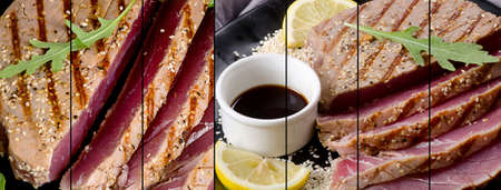 Gollage of different types of tuna with sauces and spices. Healthy food concept.の写真素材