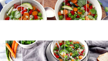 Collage of vegetable soup with broccoli, green peas, carrots. Healthy diet eating concept.の写真素材