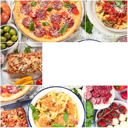 Collage of traditional Italian foods with pizza, pasta, olives, vegetables. Healthy mediterranean diet.の写真素材