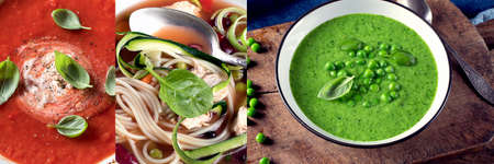 Collage made of different soups. Homemade gourmet food.の写真素材