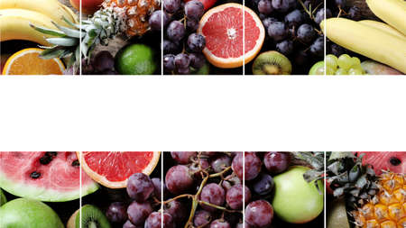 Collage of fresh raw fruits. Healthy diet eating concept.の写真素材