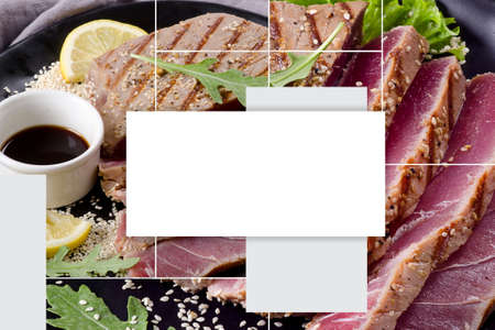 Gollage of different types of tuna with sauces and spices. Healthy food concept.の写真素材