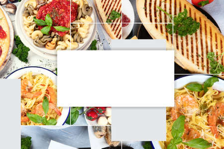 Collage of traditional Italian foods with pizza, pasta, olives, vegetables. Healthy mediterranean diet.の写真素材