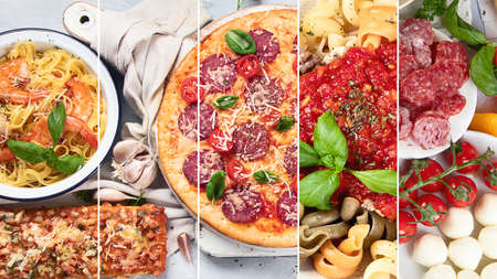 Collage of traditional Italian foods with pizza, pasta, olives, vegetables. Healthy mediterranean diet.の写真素材