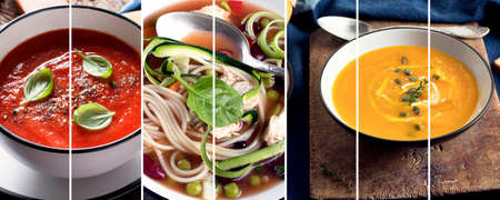Collage made of different soups. Homemade gourmet food.の写真素材