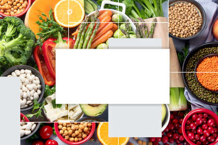 Collage of raw healthy food for vegans. Vegetable albumen sources. Foods high in Plant protein, vitamins, mineral, fiber and antioxidants. Vegan and vegetarian food concept.の写真素材