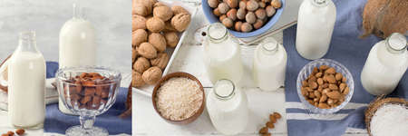 Collage of coconut and almond milk. Non-dairy vegan drink. Vegan drinks concept.の写真素材