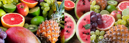 Collage of fresh raw fruits. Healthy diet eating concept.の写真素材