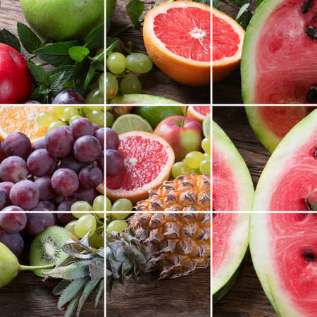Collage of fresh raw fruits. Healthy diet eating concept.の写真素材