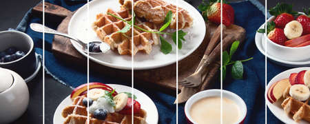 Collage of traditional belgian waffles with fresh berries and fruits for breakfast.の写真素材