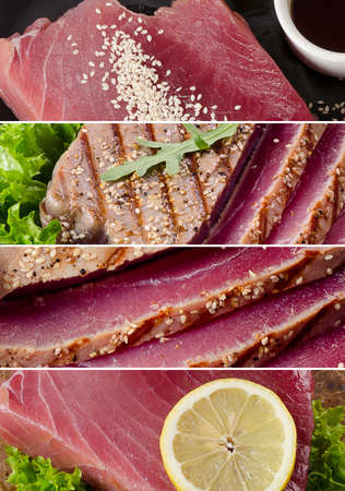 Gollage of different types of tuna with sauces and spices. Healthy food concept.の写真素材