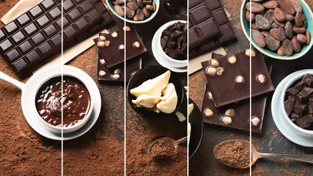 Collage of dark chocolate bar, chocolate pieces and cocoa beans, cocoa powder on black background. Top view with copy spaceの写真素材
