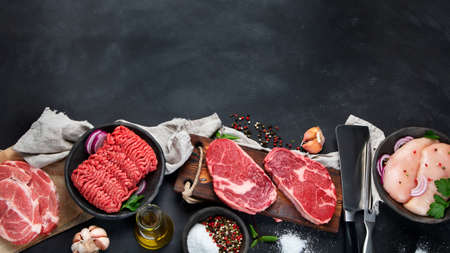 Variety of raw meat with seasoning on dark background. Top view with copy spaceの写真素材