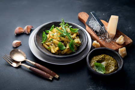 Pasta spaghetti with homemade pesto and fresh basil leaves on dark background. Italian cuisine concept.の写真素材