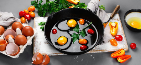 Raw eggs in pan with herbs and seasoning on gray background, prepared food for breakfast.