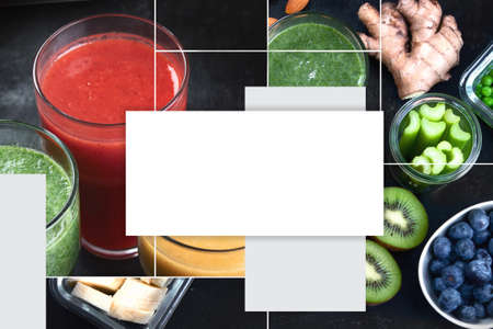 Collage of different types of smoothies on black background. Healthy clean and detox diet concept.の写真素材