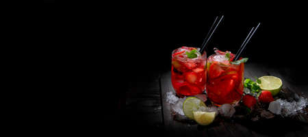 Fresh made strawberry on dark background. Summer drinks concept. Front view, Copy space, panoramaの写真素材