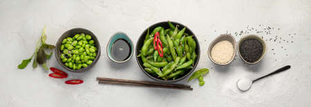 Raw edamame soya beans with salt and sauce on light gray background. Top view, panoramaの写真素材