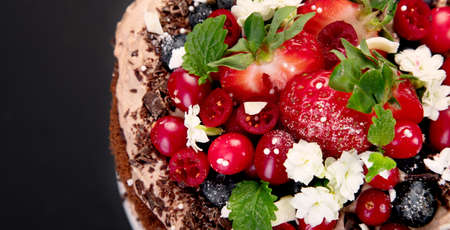 Delicious homemade chocolate cake with fresh berries and mascarpone cream on dark background. Top...