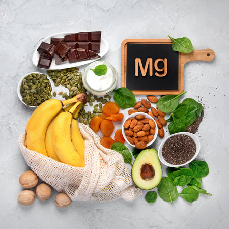 Assortment of products containing magnesium. Healthy diet food. Top view, copy spaceの写真素材