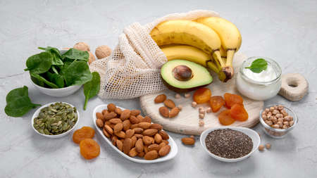 Assortment of products containing magnesium. Healthy diet food.の写真素材