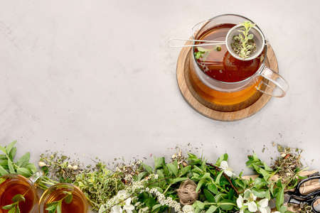 Herbal tea with cups and teapot on light gray backround. Top view, copy spaceの写真素材