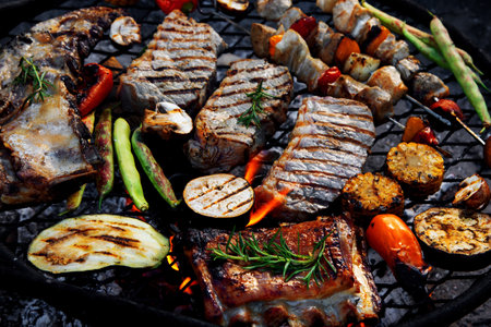 Grilled meat and vegetables on barbecue kettle. Outdoor food concept. Top viewの写真素材