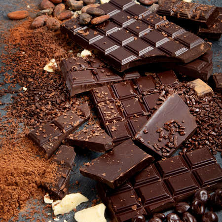 Cacao beans and chocolate on gray background.の写真素材