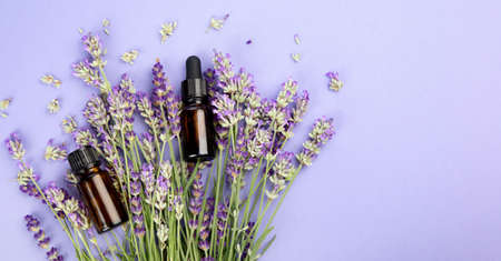 Bottle of essential oil and lavender flowers on lilac background. top view, flat lay, copy spaceの写真素材