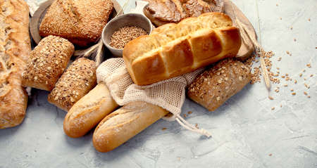 Various types of fresh baked bread on light gray background. Copy space