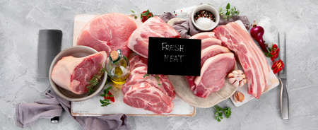 Assortment of raw pork meat on light gray background. Organic gourmet food concept. Top view, flat lay, panoramaの写真素材