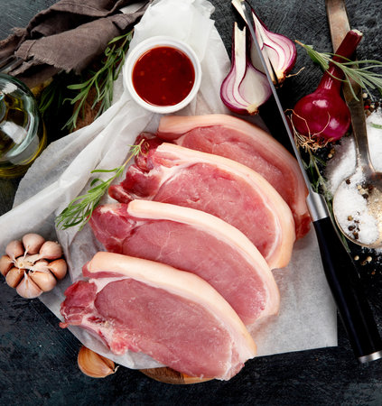 Sliced raw pork meat on dark gray background. Organic gourmet food concept. Top view, flat layの写真素材
