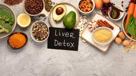 Best sources for liver health. Health fruits and vegetables high in antioxidants and fiber. Top view, flat lay, copy spaceの写真素材