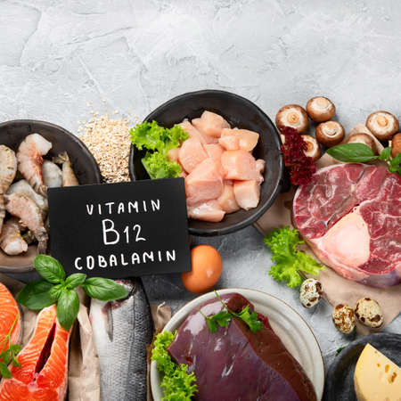Natural sources of Vitamin B12 (Cobalamin) for sleep normalization; ensuring normal brain function; supporting the respiratory system; alzheimer's deasease treatment. Top view, flat lay, copy spaceの写真素材