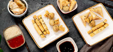 Different types of dumpilns on gray background. Traditional asian food cocnept. Top view