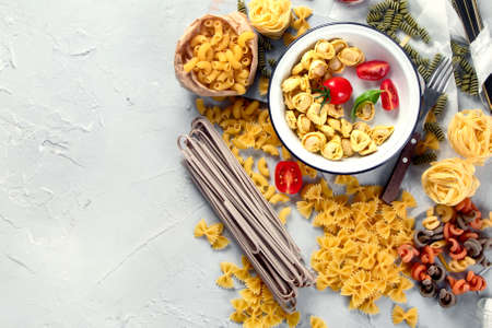 Italian food and snacks on dark background. Traditional food concept. Top view, flat lay, copy spaceの写真素材