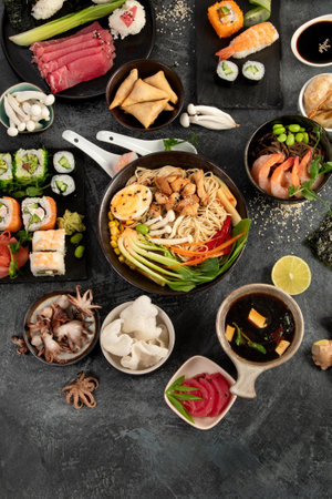 Japanese dishes and snacks on gray background. Traditional food concept. Top view, flat lay, copy spaceの写真素材