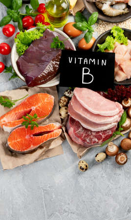 Food high in vitamin B on light gray background. Healthy diet concept. Top view, flat lay, copy spaceの写真素材