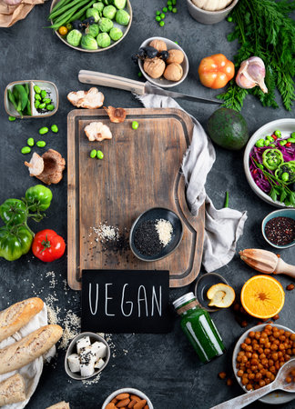 Vegan food assortment on dark background. Healthy food cocnept. Top view, flat layの写真素材