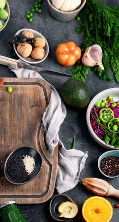 Vegan food assortment on dark background. Healthy food cocnept. Top view, flat layの写真素材